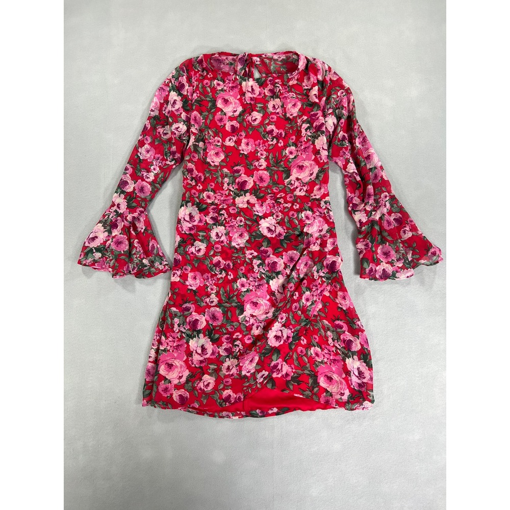 B. Darlin Red Pink Floral Bell Sleeve Open Back Mini Dress 13/14 Romantic